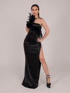Norma One Shoulder Satin Feather Maxi Dress