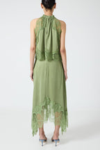 Modern Muse Satin Lace Trim Pleated Neck Top and A-line Irregular Slit Skirt Set
