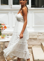 Aurelia Lace Trim Maxi Dress White Smocked Sundress with Adjustable Straps