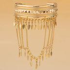 Metal Leaf Coin Tassel Open Bracelet