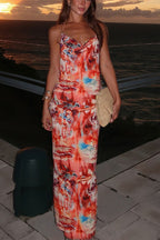 Floral Print Sexy Backless Slit See-Through Holiday Maxi Dress