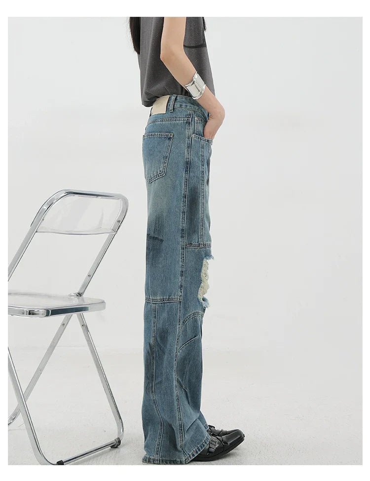Vintage Distressed And Dirt-Dyed Patchwork Wide-Leg Jeans