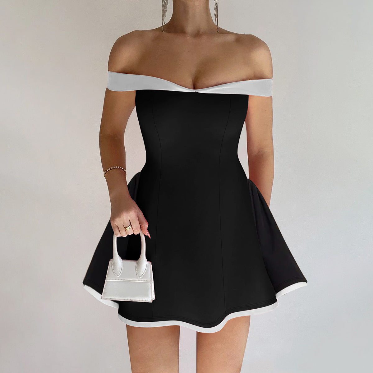 Spring Color - Blocking Design Strapless Figure - Hugging Ruffled Dress