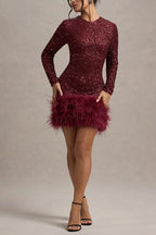 Party Must-have Sequin Long Sleeve Feather Trim Stretch Mini Dress
