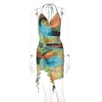 Printing Backless Lace up Dress