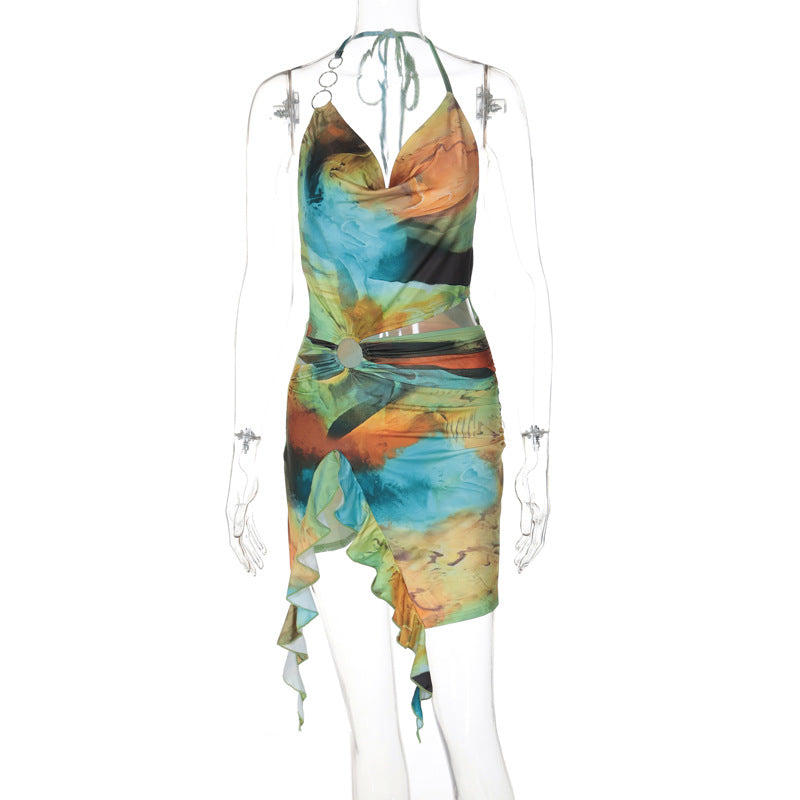 Printing Backless Lace up Dress