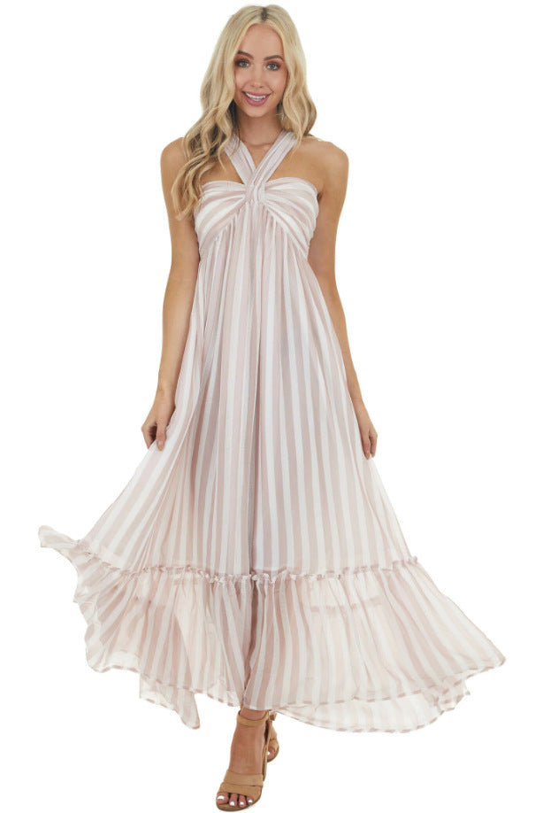 Evelyn Striped Halter Maxi Dress Blush Multi