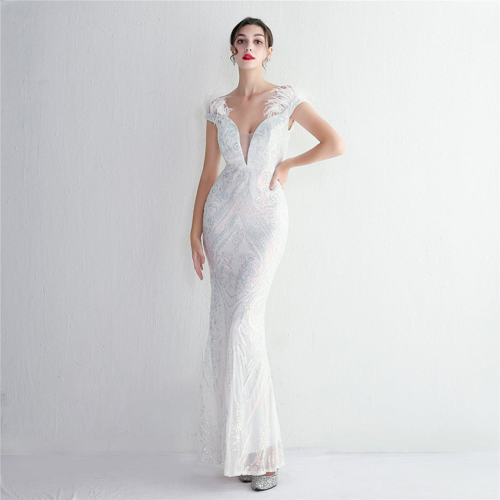 High Density Three Dimensional Strong Sequin Positioning Floral Craft Handmade Wool Cocktail Slim Fit Evening Dress