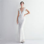 High Density Three Dimensional Strong Sequin Positioning Floral Craft Handmade Wool Cocktail Slim Fit Evening Dress
