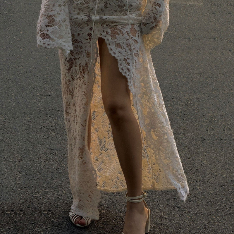 Garcelle Floral Lace Lace-up Long Bell Sleeve Slit Midi Dress