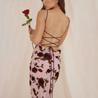 Strap Backless Rose Printed Dress Vacation Slim Fit Lace up Dress