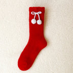 Embroidered Red Mid Calf Coral Fleece Cozy Socks