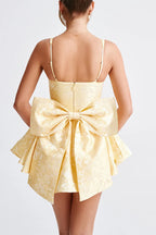 Jacquard Fabric Halter Back Elegant Bow Slim Fit Mini Dress