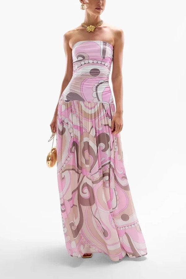 Gorgeous Pastels Unique Print Off Shoulder Low Rise Loose Maxi Dress