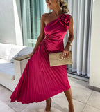 Romantic Nights Satin Raised Flower Elastic Cutout One Shoulder Pleated Maxi Dress