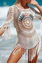 Unique Pattern Knitted Cutout Crew Neck Short Sleeved Cover Up