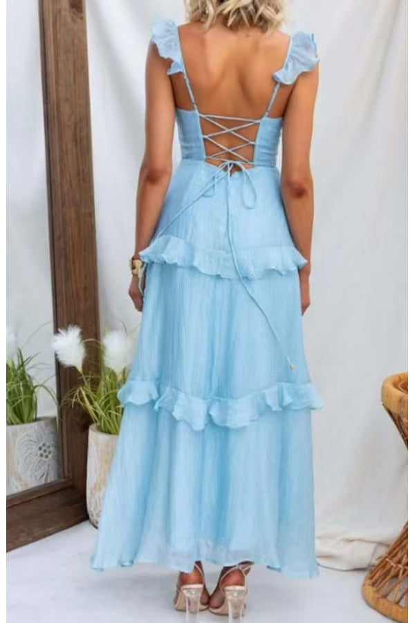 Solid Color Halter Backless Tie Elegant Ruffle Maxi Dress