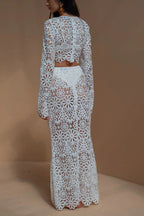 Balmy Summers Crochet Lace Floral Pattern Elastic Waist Fishtail Vacation Maxi Skirt