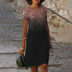 Printed Round Neck Split Short Sleeve Loose Dress