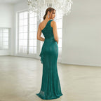 Slanted collar sequined slit evening dress