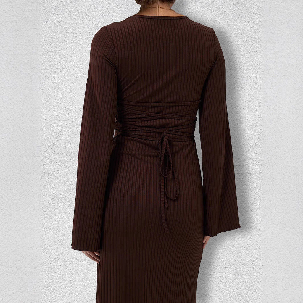 Bandage Big Pit Strip U Neck Long Sleeved Dress