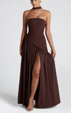 consonak Strapless Back Lace-up High Slit Splice Maxi Dress
