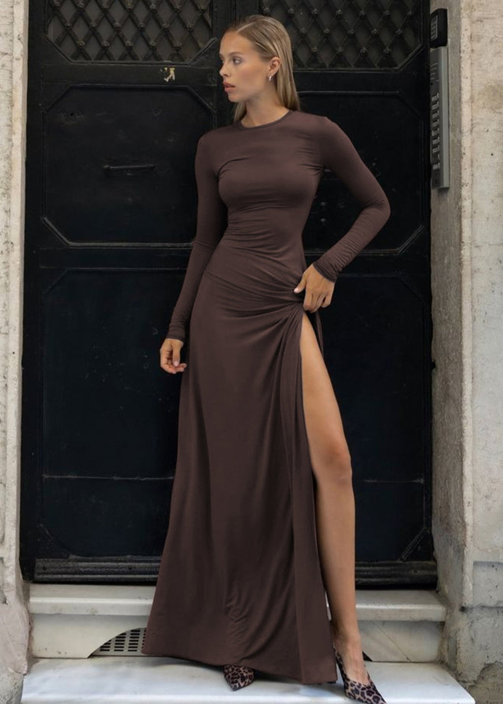 Chocolate High Slit Maxi Dress