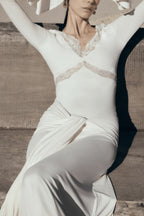 Fashion Lace Splicing Sexy V-neck Long-sleeved Slim Maxi Dress