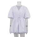 Lace up Waist Tight Sweet Balloon V neck Puff Sleeve White Dress