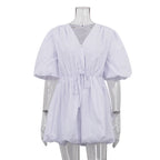 Lace up Waist Tight Sweet Balloon V neck Puff Sleeve White Dress