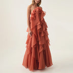 Free - Flowing Rose Detail Tiered Ruffles Halter A-line Maxi Dress