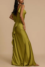 Evening Date Satin Cowl Neck Drape Ruffle Backless Bias Cut Party Maxi Dress