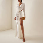 White Long Sleeve Pleating Hollow Out Cutout Cross Dress V Neck Metal Waist