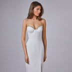 Sleeveless Mid Waist White Solid Color Sling Simple Dress Metal Corsage Annual Party Evening Dress