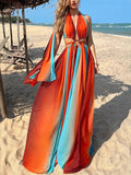 Colorful lucky chiffon printed ring with hollowed out design, slit holiday dress