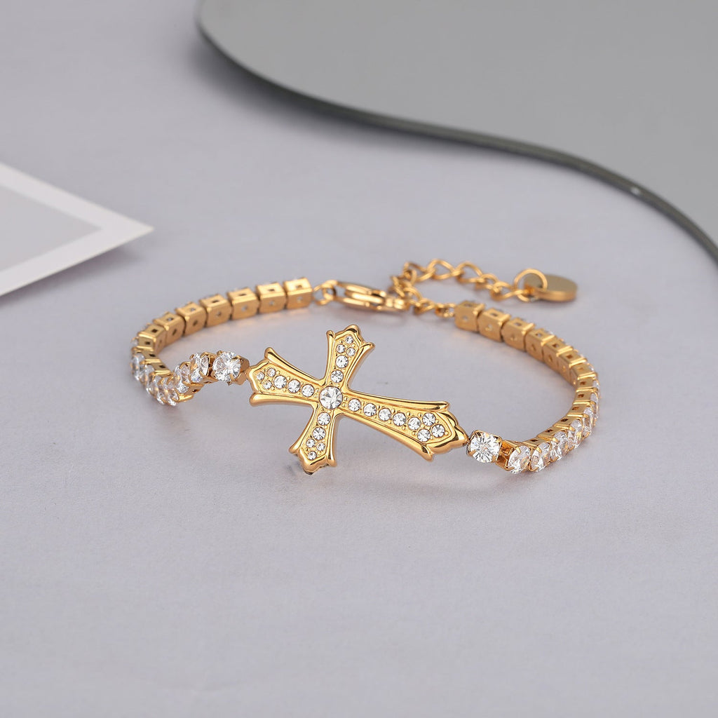 Sparkly Full Zircon Cross Titanium Steel Fadeless Chain Bracelet