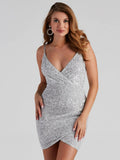 Party Sequ Sling Deep V Plunge Wrap Dress