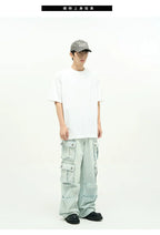 Light Wash Baggy Cargo Jeans with Multiple Flap Pockets