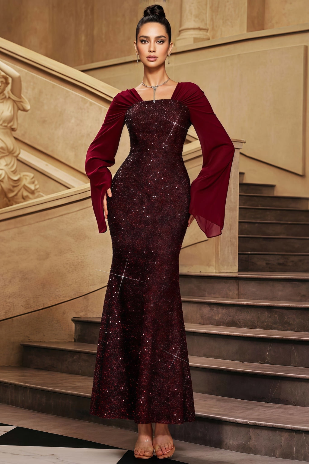 Antony Red V-Neck Sequined Maxi Dress