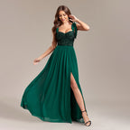 Sequined Stitching Chiffon High Slit Party Birthday Evening Gown Tied Strap Backless Prom a Swing Dress