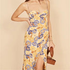 Fauve Floral Satin Cowl Neck Midi Dress Yellow