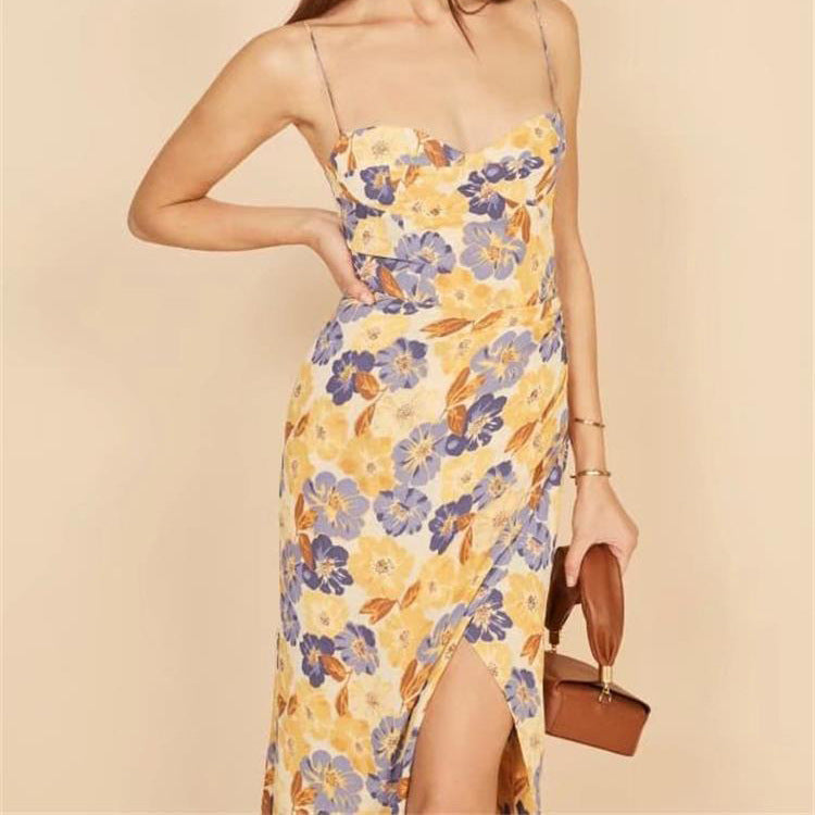 Fauve Floral Satin Cowl Neck Midi Dress Yellow