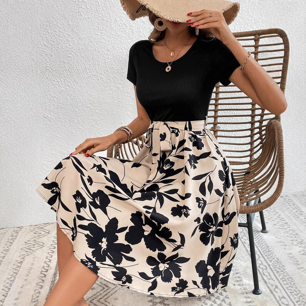 Laura Aesthetic Women's a Line Dress with Floral Skirt and Waist Belt Premium Wardrobe Essential