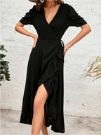 Santos Ruffle Wrap Midi Dress Black