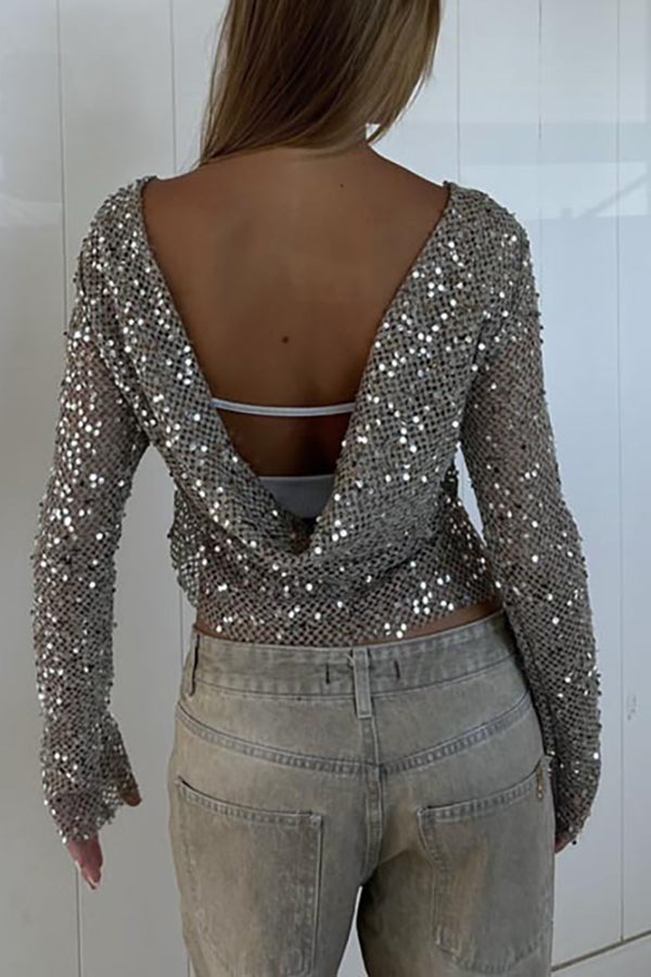Fashionable Sequined Fishnet Casual Long-sleeved Top
