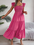 Ruffle Off The Shoulder Embroidered Floral Tiered Maxi Dress - Rose