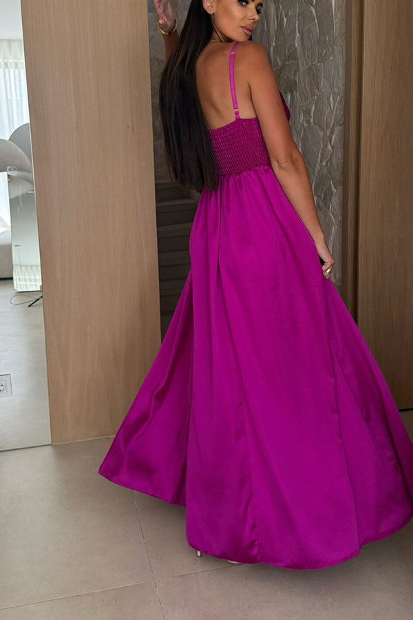 Solid Color Suspender Back Pleated Elegant Slit Full Hem Maxi Dress