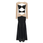 Two Colors Pineapple Decorative Long Sleeve Hollow Out Cutout Out Dress Mesh Semi Transparent Dress