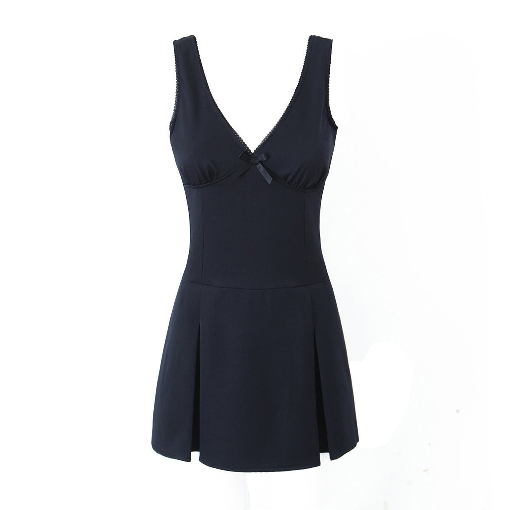 Kaliah Deep V-Neck Bow Mini Dress
