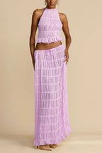 Versatile retro charm pleated drawstring waistline long skirt set